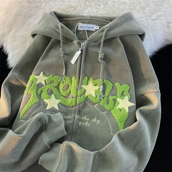 American Vintage Goth Corduroy Zip Up Hoodies For Men Hip Hop Fashion Foam Print Jacket Womens Y2K Streetwear Sweatshirts 250908BJ