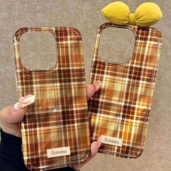 DHgargets High-end Deep Brown Plaid 3D Bowknot Case iPhone 16 Pro Max, Apple 15, 14, 13 for Women