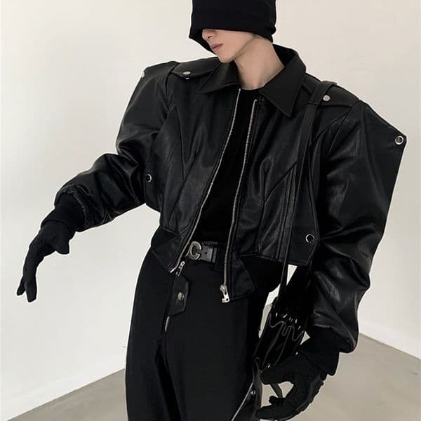 Mauroicardi Spring Autumn Cool Handsome Short Oversized Black Pu Leather Jacket Men with Shoulder Pads Long Sleeve Zipper 250906