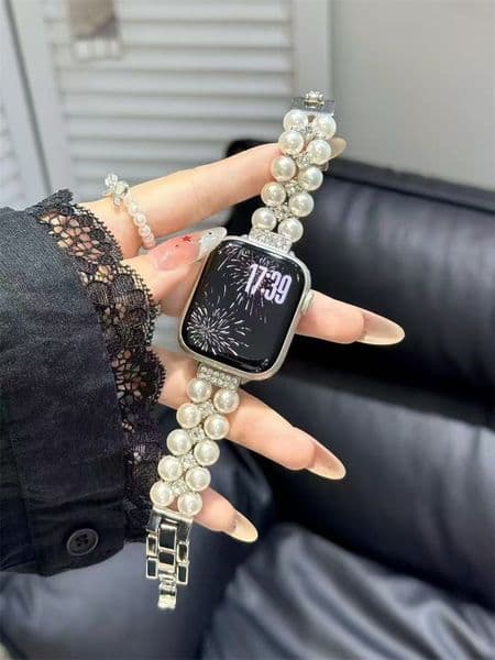 Pearl Chain Bracelet Metal Strap for Apple Watch Band series 10 46mm 42mm 45mm 49mm Smart Strap iWatch 9 8 7 6 5 4 3 ultra 2 1 Bling Diamond Bands bracelet Replacement Strap