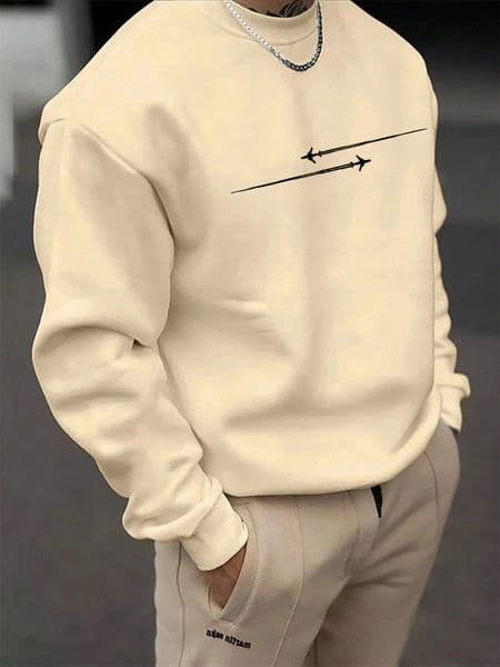 Mens autumn and winter fashionable casual loose simple airplane graphic printed long sleeved round neck sweatshirt 250908BJ