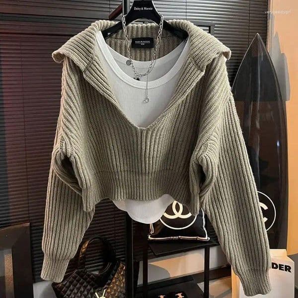 Women's Sweaters Autumn Jacket Women Sweater Knit Pullover Lazy Y2k Clothes Cropped Tops Long Sleeve Streetwear Loose Design Knitwear
