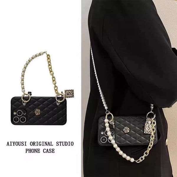 DHgargets High-end Chanel-style Leather Camellia Handbag Chain Compatible with Apple 16 Pro Max Crossbody 15 Phone Case 14 PM