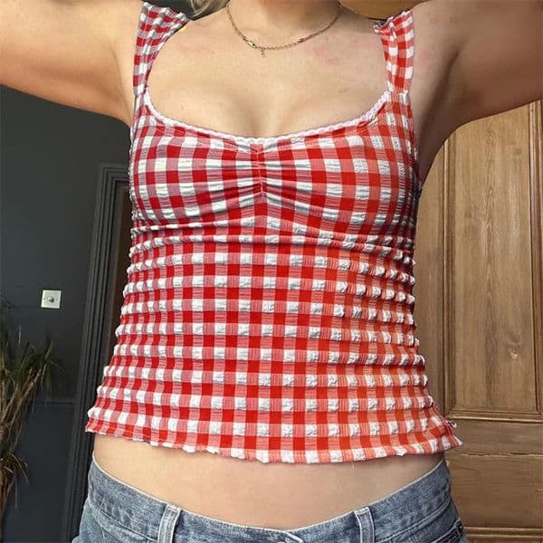 Lamuusaa y2k Tops for Women Summer Fairycore Clothing Plaid Print Lace Trim Sleeveless Tanks T Shirts 2000s Clothing Streetwear 250908BJ