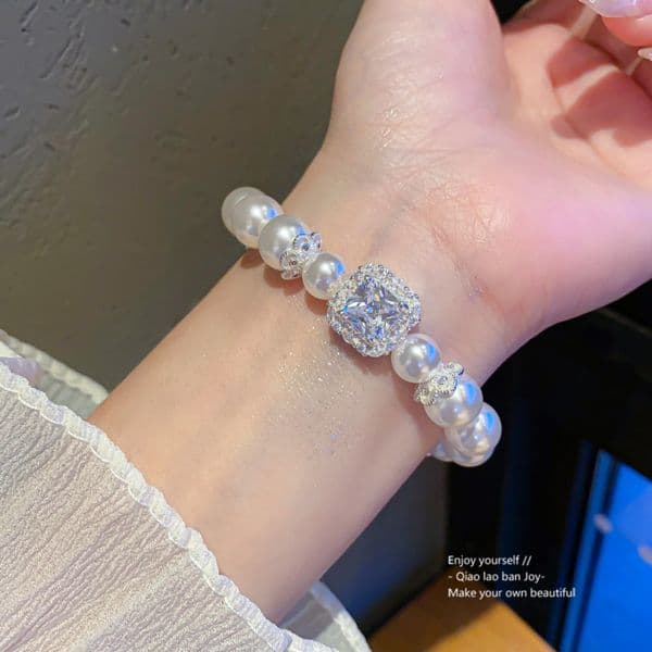 Silver-Tone Bracelet With Pearl Crystal Accents, Elegant Chic Style, Ideal For Elevating Elegant Looks Gifting