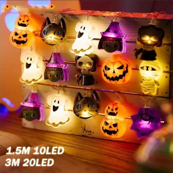 1PC Halloween 1020 LED Battery Powered String Lights With Ghost Witch Cat Pumpkin Spider Web Skeleton Mummy Pirate Shape IndoorXJ250908