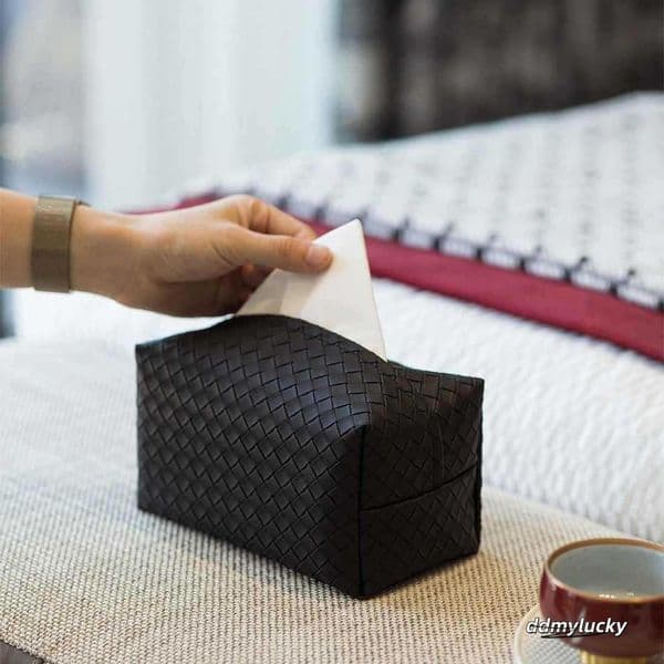 Woven Faux Leather Tissue Box Cover - Decorative Napkin Holder For Living Room Coffee Table Storage