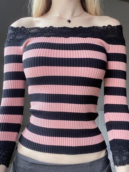 Women Long Sleeve Knit Tops OffShoulder Striped Casual Pullovers Sweater Fall Shirts Y2K Aesthetic Clothes Streetwear 250908
