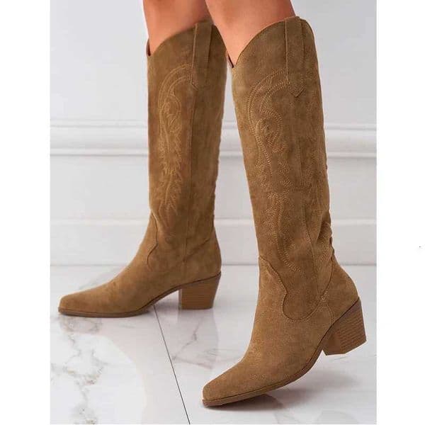Eilyken New Design Women Long Knee-High Boots Fashion Embroidery Pointed Toe Square Heels Party Dress Shoes Z250909