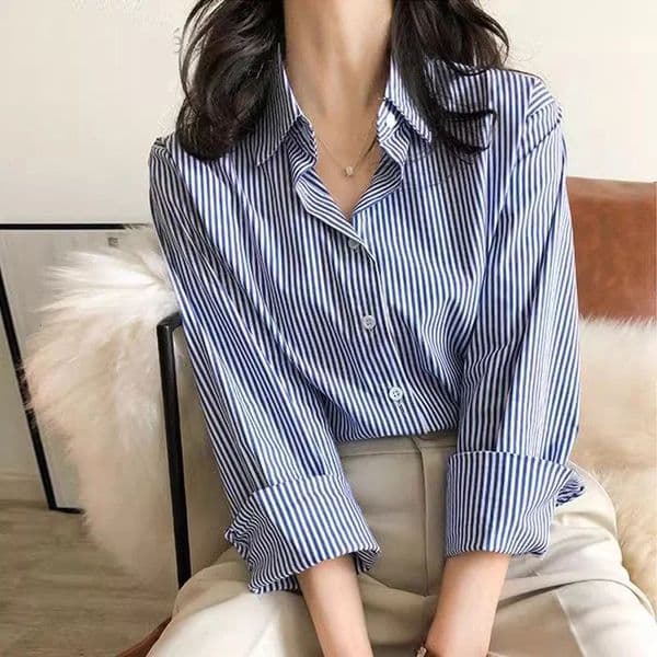 2025 Classic Striped Woman Spring Autumn Blouses Shirt Lady Long Lantern Sleeve Stand Collar Loose Blusas Tops 250908BJ