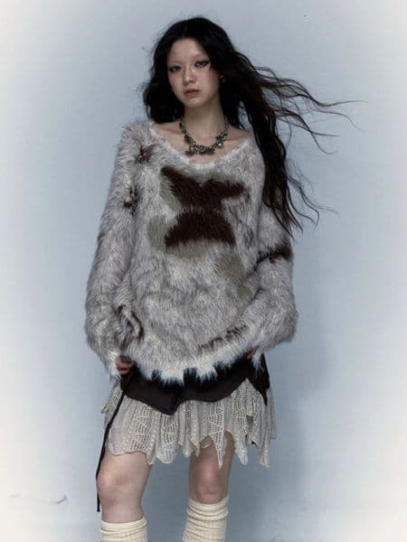 Jacquard Pullovers for Women n Fluffy V Neck Hole Lazy Style Vintage Sweaters Y2k Streetwear Casual Loose Clothing 250908