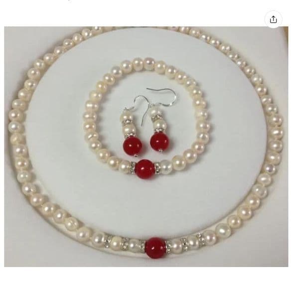 7-8mm Real Natural White Pearl & Red Ruby Necklace Bracelet Earrings Jewelry Set