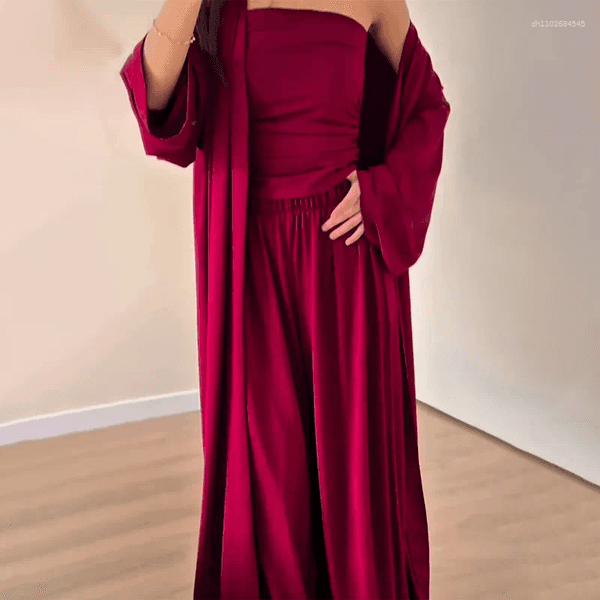 Women's Two Piece Pants 2025 Clothing Solid Color Long-sleeved Coat Tube Top Long Skirt Set Simple D25032220