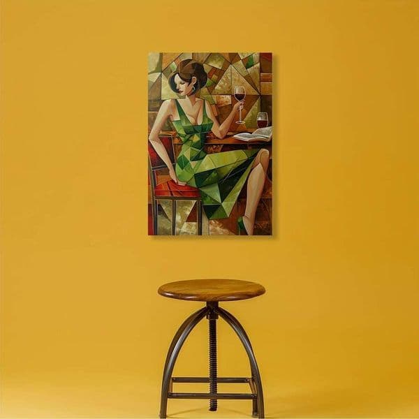 1 Piece Frameless Abstract Geometric Pattern Reading Lady and Wine Glass Oil Painting - Green Dress & Lover Decorative Painting, 12x18inch , Vibrant Color Home