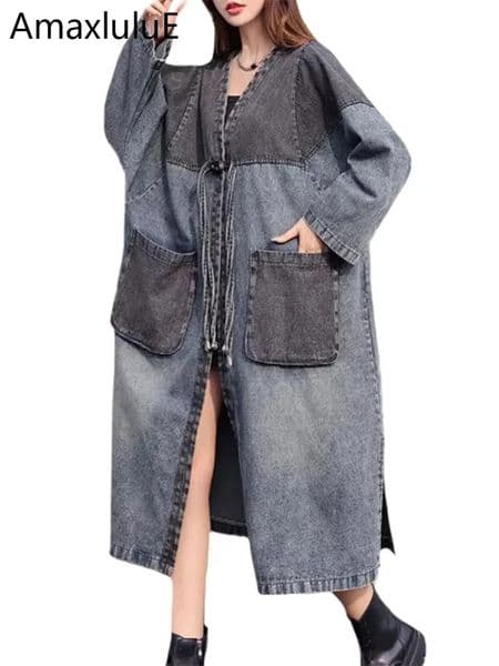 Amax luluE Fall Korean Luxury Long Clothes Women Fashion Classic Vintage Plus Size Denim Trench Coats Ladies Casual Windbreakers 250909