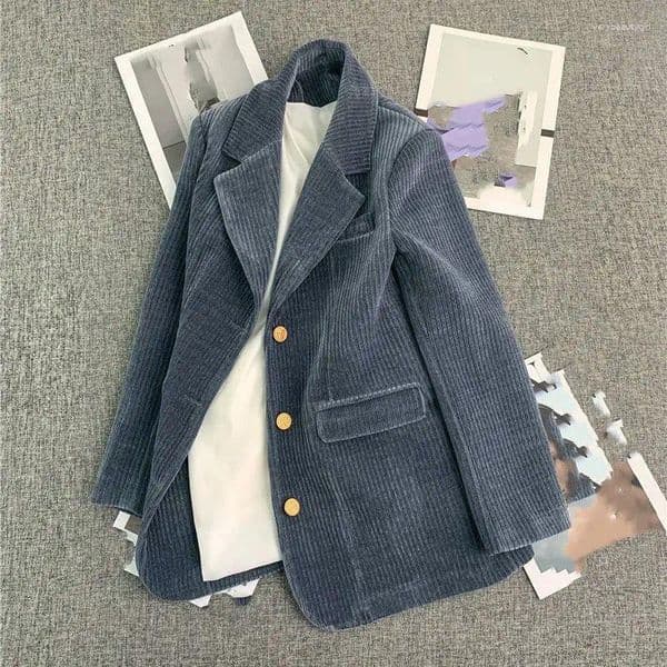Women's Jackets Blue Suit Single Breasted Corduroy Jacket Autumn Winter Outerwear Loose And Casual Female Long Sleeves Thin Coat