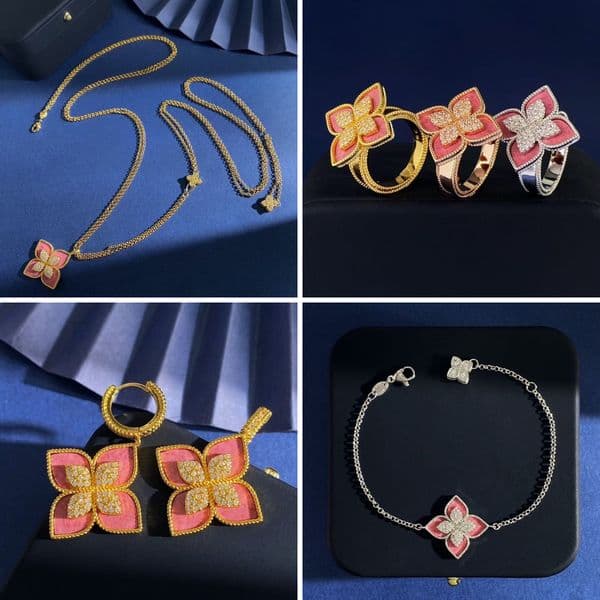 4 flower jewelry set bracelet gold earrings necklaces women designer ring high quality 18k Gold Pink bangle luxury jewelry earrings four leaf clover bracelet silver