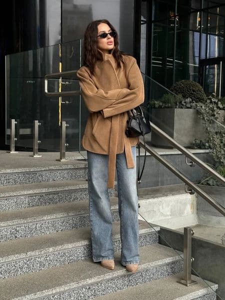 Lace Up Waist Cinching Trench Coat Woman Solid Color Lapel Long Sleeves Loose Casual Jackets Street Versatile Womens Jacket 250909