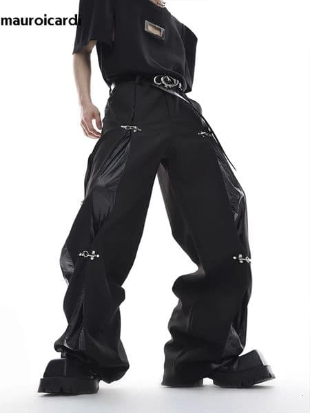 Mauroicardi Autumn Black Cool Leather Patchwork Wide Leg Pants for Mens Floor Length Men Clothing Emo Streetwear 250909BANJIA
