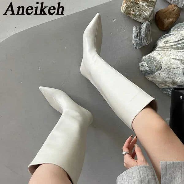 Aneikeh 2026 Fashion Sexy Pointed Low Heels Knee Long Boots Womens SpringAutumn PU Sewing Party Ball Western Boots 3540 Z250909