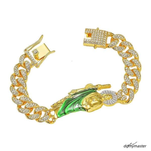 Hip Hop Cuban Link Bracelet With Religious Figure Iced Out Bling Gold Color 20Cm Alloy Chain Accessory For Men 1 Piece ddmymaster