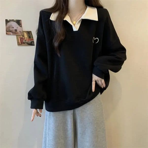 Plus Size Women Clothing Contrast Polo Neck Lazy Long Sleeve Hoodies Sweatshirts Spring Autumn Loose Korean Tops Casual Fashion 250909BJ