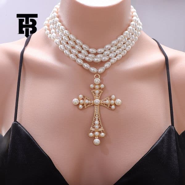 TB BHULAMTE Free Shipping New Designer Paired With Cyberpunk Style Cross Necklace, Fashionable And Exaggerated Imitation Pearl Multi-layer Stacked Jewelry