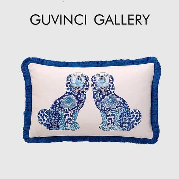 Luxurious GUVINCI Staffordshire Dogs With Chinoiserie Ginger Jar Pattern Decorative Cushion Cover Whimsical Animals Art Pillowcase Fringed Y251109