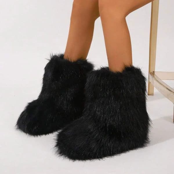 Women Faux Fur Boots Winter Fluffy Plush Warm Mid Calf Snow Boots Fashion Furry Boots Comfortable Outdoor Flat Shoes 250903