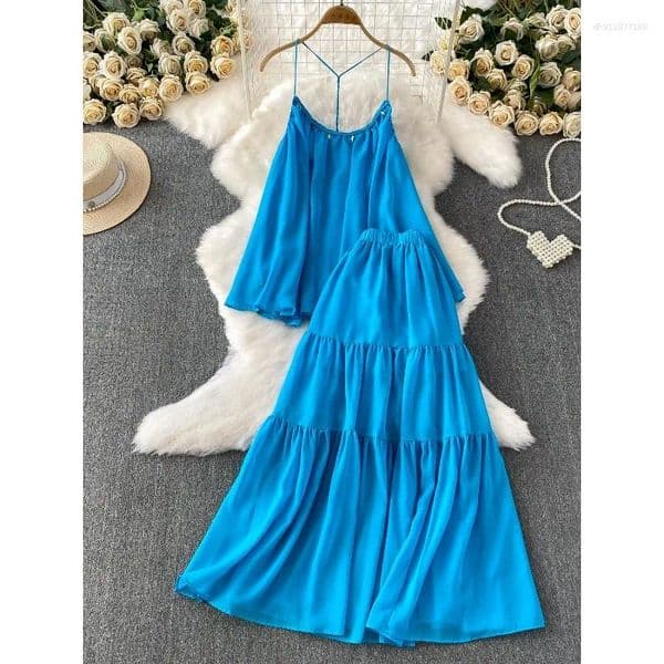 Two Piece Dress Seaside Sets Vacation Chiffon Sexy Backless Hanging Neck Suspender High Waist Slimming Cake Skirt Half Set