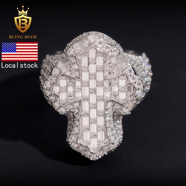 UAS Local Stock HipHop Jewelry 925 Sterling Silver Vvs Moissanite Gra Certifficate Iced Out Jesus Cross Rings for Mens