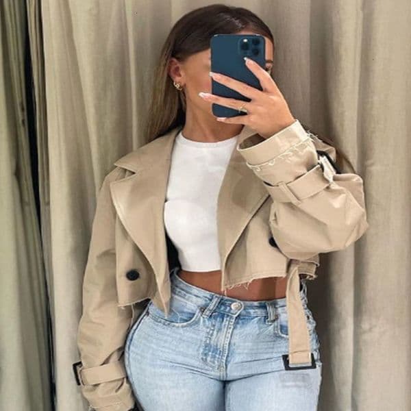Belt Cropped Trench Spring Jacket Women Vintage Streetwear Double Breasted Long Sleeve Top Female Coat Outfits 250909