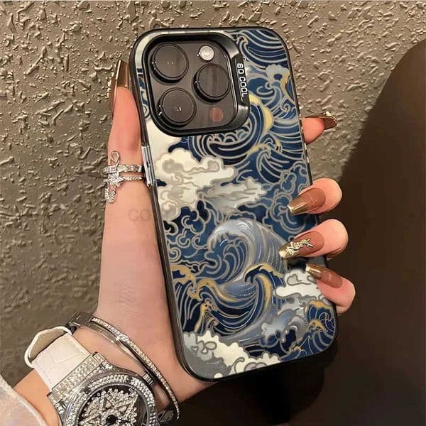 Japanese Waves Electroplate Silver IMD Case for IPhone 16 11 12 13 14 15 17 Air Pro Max Plus X XS XR Shockproof Hard Cover M250910