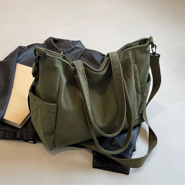 Women Corduroy Tote Bag Casual Multi Pocket Handbag Adjustable Strap Crossbody Sling Bag Zipper Shoulder Bag Fall Winter Bag 250909BJ