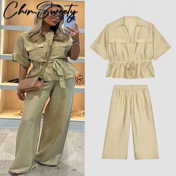 Casual Coat Pant Set Women Loose Zipper Vneck Lace Up Pleat Top Wide Leg Trousers Suit Summer Lady 2 Pieces Outfits 250909BJ