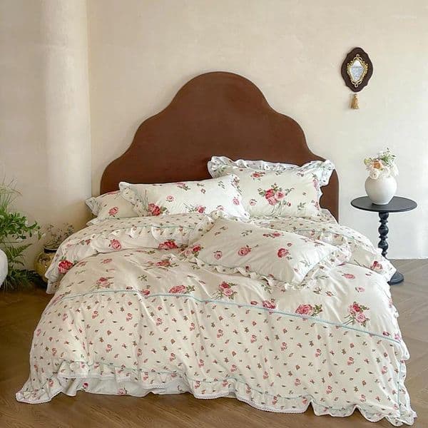 Bedding Sets Rustic Vintage French Rose Floral Ruffles Cotton Set Duvet Cover Flat/Fitted Bed Sheet Pillowcases 4Pcs