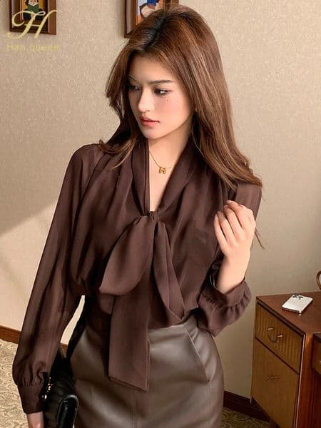 Womens Blouse Vintage Bow Elegant Loose Women Business Shirts Work Casual Tops Chiffon Arrival Shirt 250910BJ