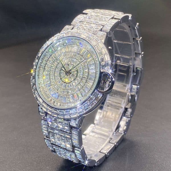 Premium Custom Men's Designer Watch: Colorful Moissanite Quartz Watch with Round Dial & Crystal Window Strap, Swiss Craftsmanship, Lowest Online Price