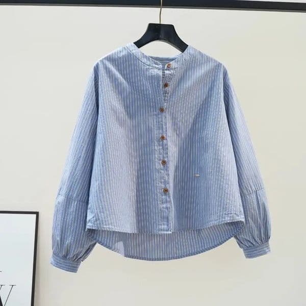 Womens Blue Striped Loose Shirt Crewneck Long Sleeve Lantern Top Literary Style Casual Shirts Female Spring Autumn Fashion Wear 250910BJ