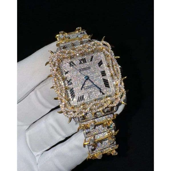 Men's Iced Out Watch Moissanite Round Brilliant Dia Rectangle Steel Case ETA Movement Box Packing