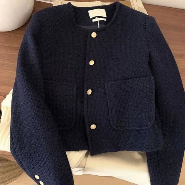 Vintage Style Purplish Blue Tweed Jacket Round Neck French Elegance Commuting Spring Autumn Trendy Fashion Outerwear 250909