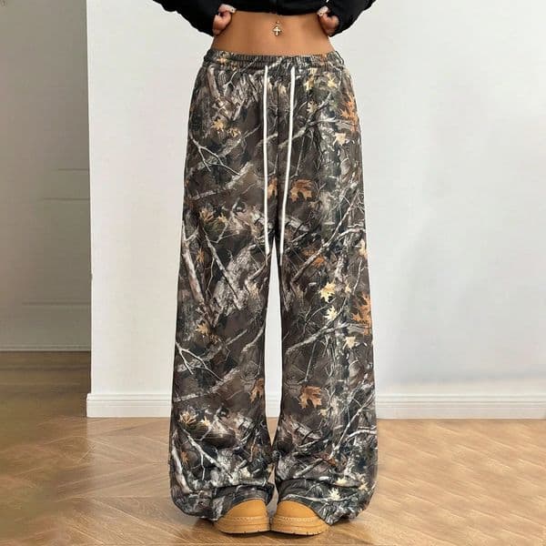 Womens Wide Leg Camo Pants Lightweight Elastic Waist Camouflage Print Loose Trousers Y2K Vintage Streetwear 250910BANJIA
