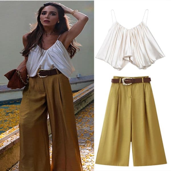 Elegant Women Vest Pants Set Solid Sling Vneck Backless Tops Belt Zipper Wide Leg Long Trouser Lady Suit Summer Chic Streetwear 250909BJ