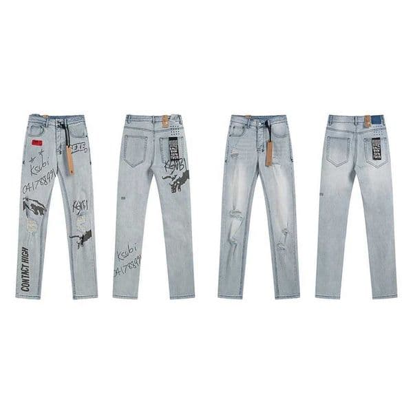 Mens Denim Pants Street Wear Retro WashDistressed Print Ripped Jeans Hip Pop Slim Fit Rock Revivals Jeans Straight Trousers J250908