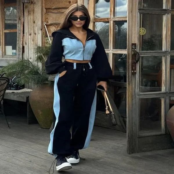 Zekye Autumn Spring Summer Hoodies 2 Piece Sets Long Sleeve Zipper Womens Tracksuit Crop Tops Wide Leg Sport Pants Set 250910BJ