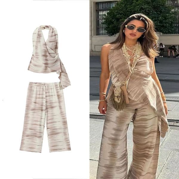 TRAF Women Fashion Casual Backless TieDye Top Set Vintage Neck VNeck Elegant Drawstring HighWaisted WideLeg Pant 250910BJ