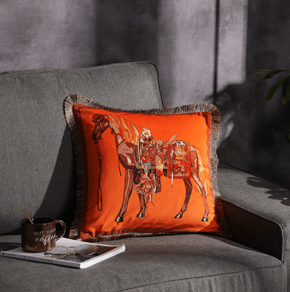 STOCK High Precision Velvet Fabric Luxury Orange Horse Series Home Sofa Cushion Cover Pillowcase Without Core For Living Room Bedroom H Pillow Cover Free Shippi