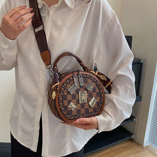 Free shipping designer bag Fashion women's small round bag 2025 new vintage printed handbag casual versatile single shoulder diagonal cross bag khaki brown