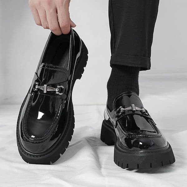New Style Thick Sole Height Increasing Men Broad Round Toe Casual Leather Shoes Patent Leather Shiny Surface Chunky Heel Trendy Shoes Large Sizes 38-46 Free Shipping