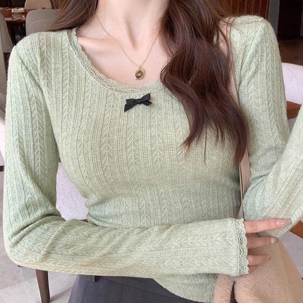 Bow Cute Knitted Pullover Sweater For Women Autumn Winter Fashion Lace Patchwork O Neck Long Sleeve Slim Cropped Tops 250911